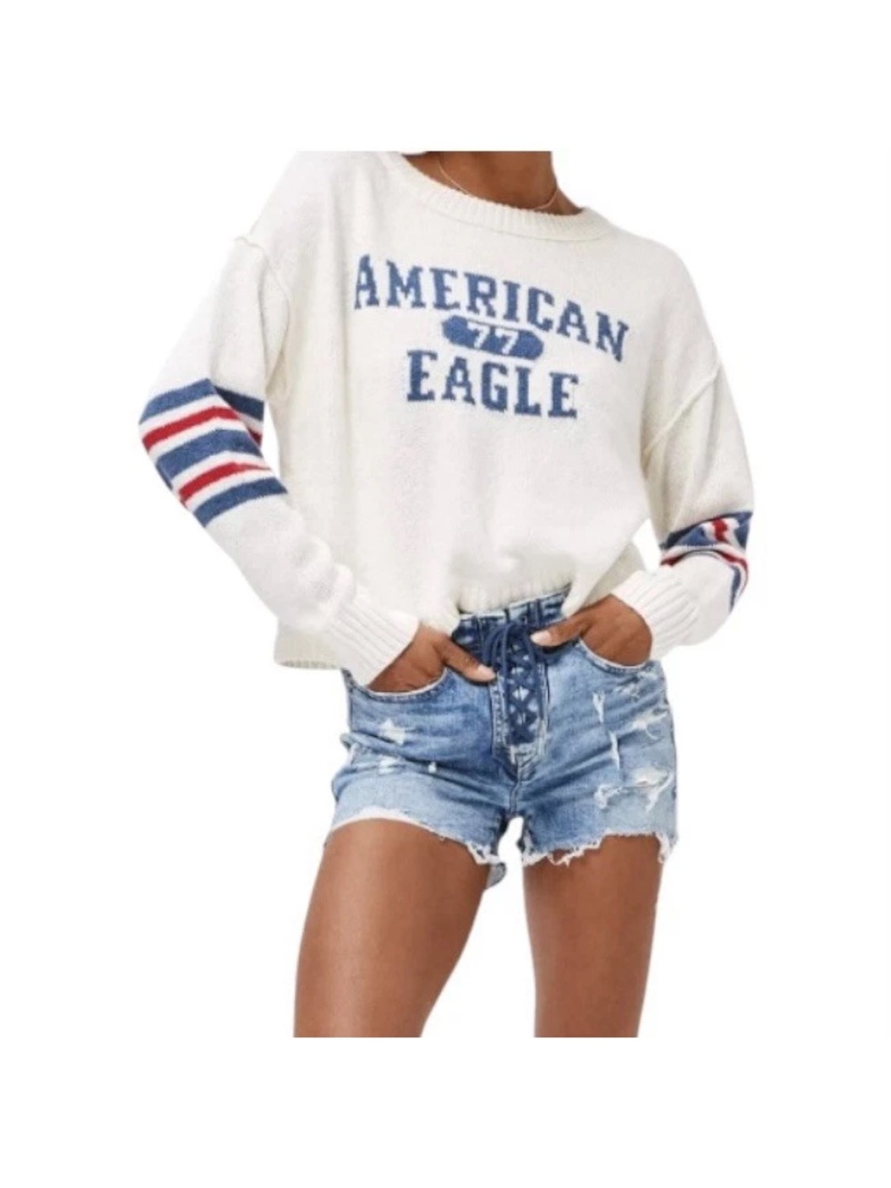 American Eagle Varsity 77 Logo Cream Sweater Striped Sleeve Cropped Knit Sz L